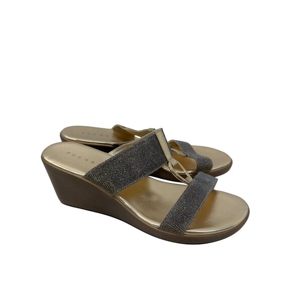 Pesaro Women Gold Wedge Sandals Double Sparkly Strap Design Ring Accent Size 11 - Picture 8 of 15